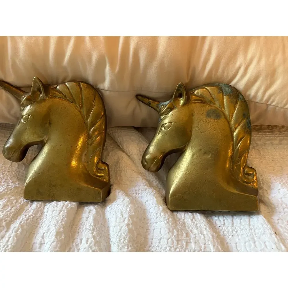 Vintage Brass Unicorn Head Bookends Pair Mid Century Fantasy Decor Heavy Metal